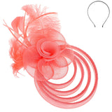 Floral Feathered Mesh Fascinator with Headband : Coral