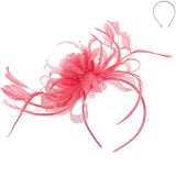 Floral Fascinator Headband w/ Side Loops & Feathers: Coral