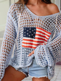 4th July Knit American Star Flag Patched Sweater Hoodie: Beau Blue