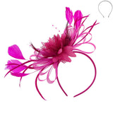 Floral Fascinator Headband w/ Side Loops & Feathers: Fuchsia