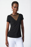 LAST ONE SZ 4 - Joseph Ribkoff Silky Knit Top with Rhinestone Mesh Style 241017 - Black