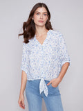 Charlie B. Embroidered Front Tie Cotton Blouse Style C4467 - Sky
