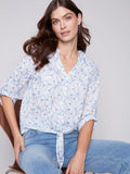 Charlie B. Embroidered Front Tie Cotton Blouse Style C4467 - Sky