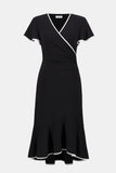 Joseph Ribkoff Silky Knit Wrap Dress With Contrast Trim Style 261013 - Blk/Vanilla