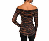 SAFARI Draped Neckline Off-Shoulder Long Sleeves Print Top: M