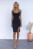 U-Neck Washed Slim Split Denim Dress DP25A530: Blue / XL