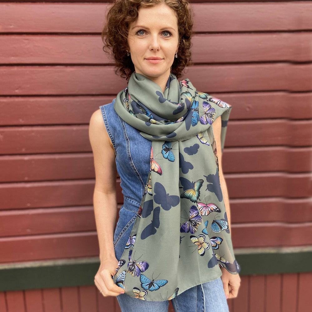 Anuschka Printed Chiffon Scarf - Sage Butterfly