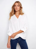 Charlie B. Long Roll Up Sleeve Split Neck Blouse with Front Knot Detail Style C4495RR - White