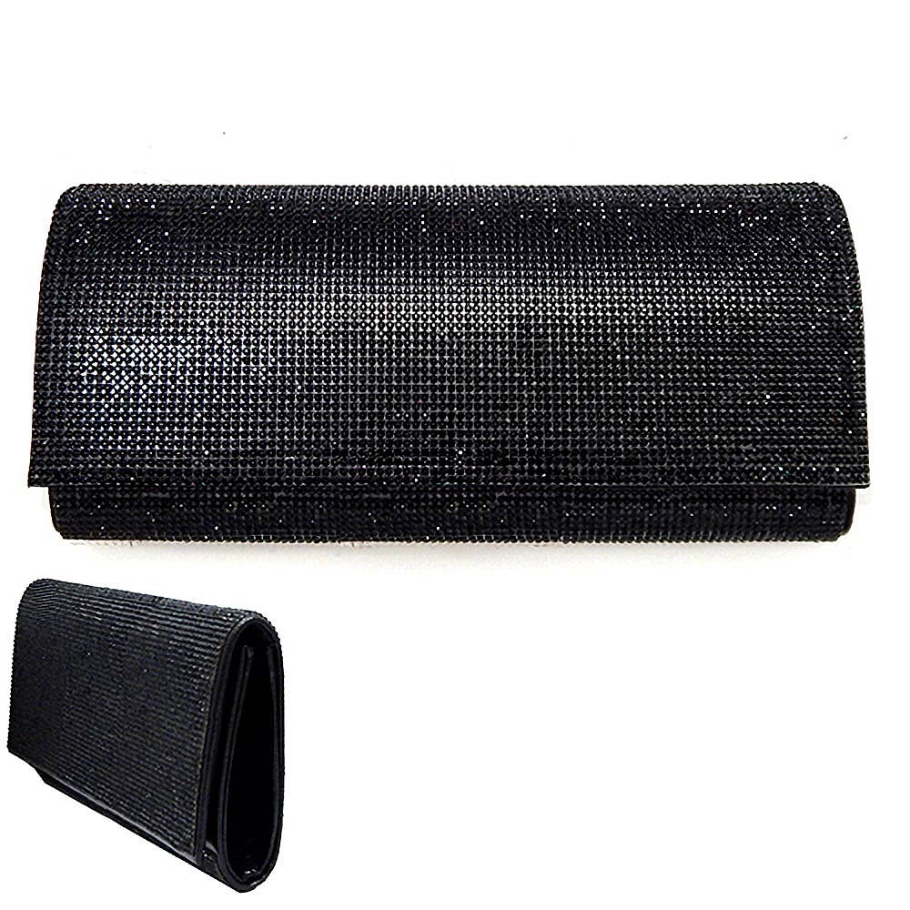 Solid Color Rhinestone Clutch Bag with Shoulder Strap: Black-Black