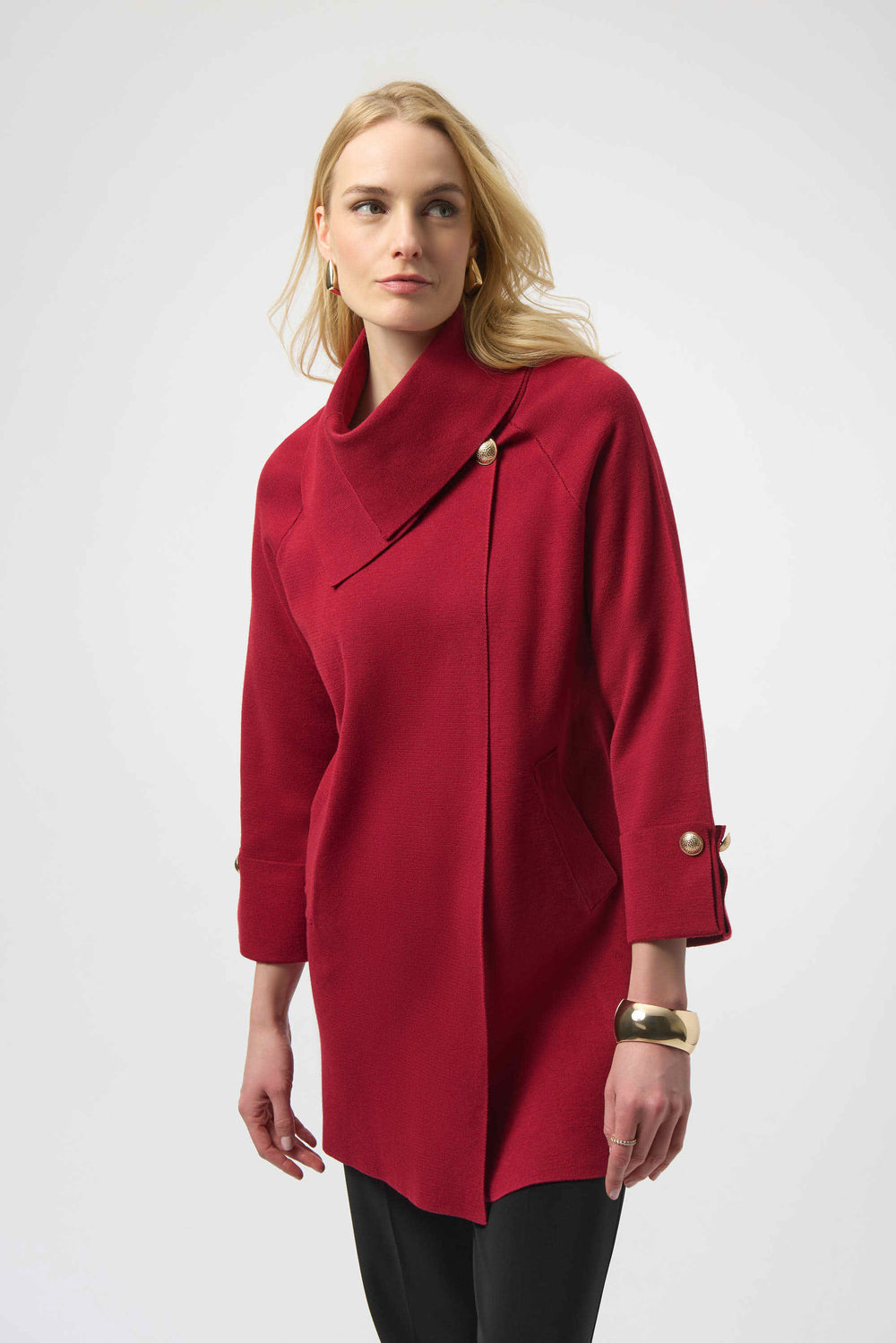 Joseph Ribkoff Sweater Knit Coat with Overlap Collar Style 254956 - Deep Cherry
