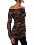 SAFARI Draped Neckline Off-Shoulder Long Sleeves  Print Top: M
