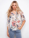 Charlie B. Printed Roll-Up Sleeve Cotton Gauze Top C4188DR - Watercolor Floral