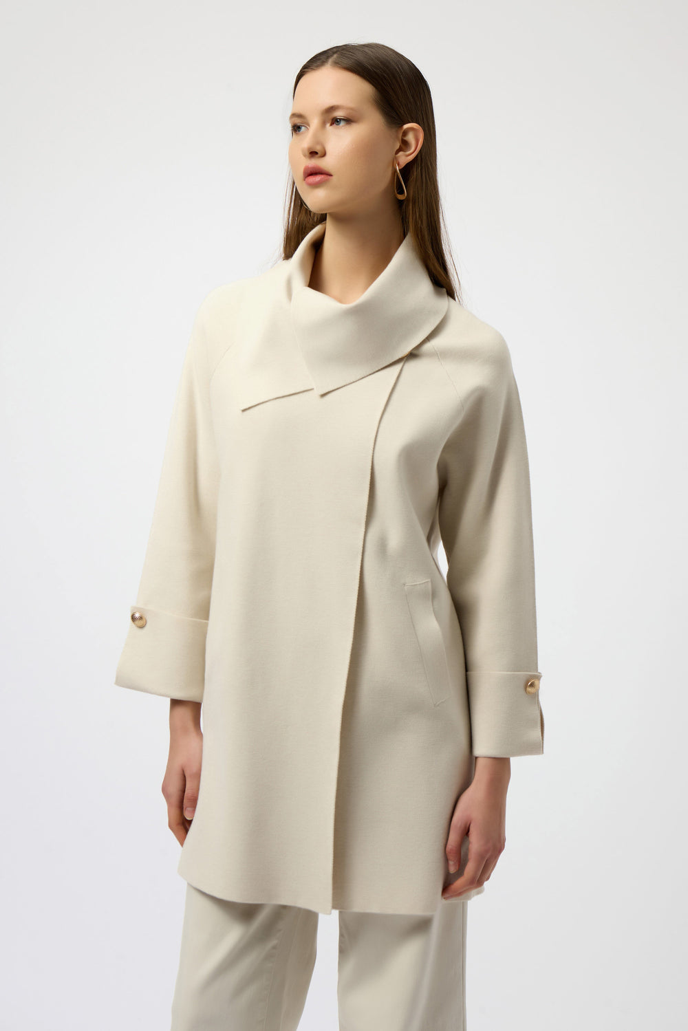 Joseph Ribkoff Sweater Knit Coat with Overlap Collar Style 254956 - Ivory Melange