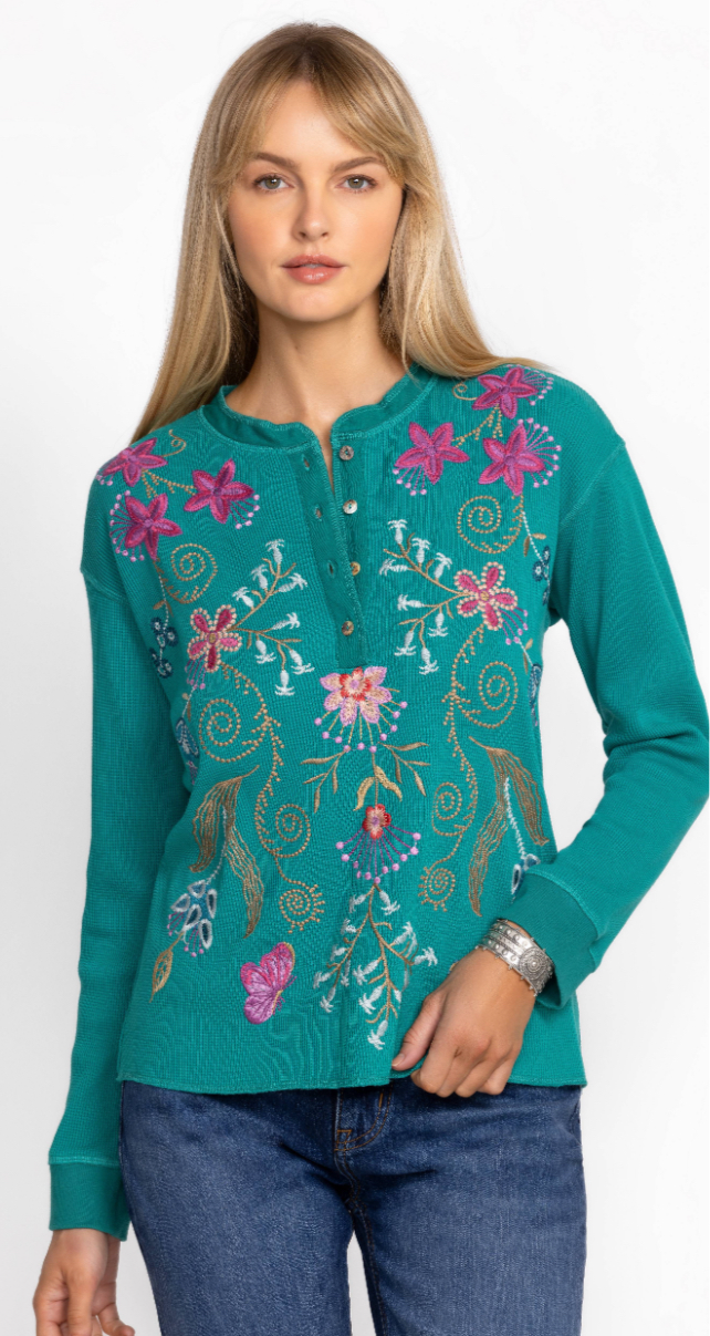 LAST ONE SZ L - Johnny Was Sisa Thermal Henly Top Style J16524-7 - Quetzal Green