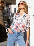 Charlie B. Printed Roll-Up Sleeve Cotton Gauze Top C4188DR - Watercolor Floral