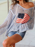 4th July Knit American Star Flag Patched Sweater Hoodie: Beau Blue
