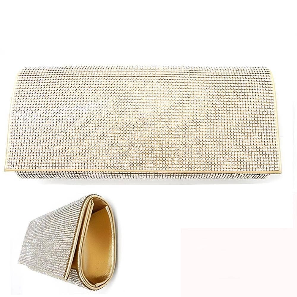 Solid Color Rhinestone Clutch Bag with Shoulder Strap: Gold-Clear