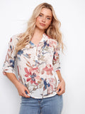Charlie B. Printed Roll-Up Sleeve Cotton Gauze Top C4188DR - Watercolor Floral