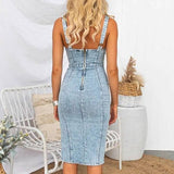 U-Neck Washed Slim Split Denim Dress DP25A530: Blue / S