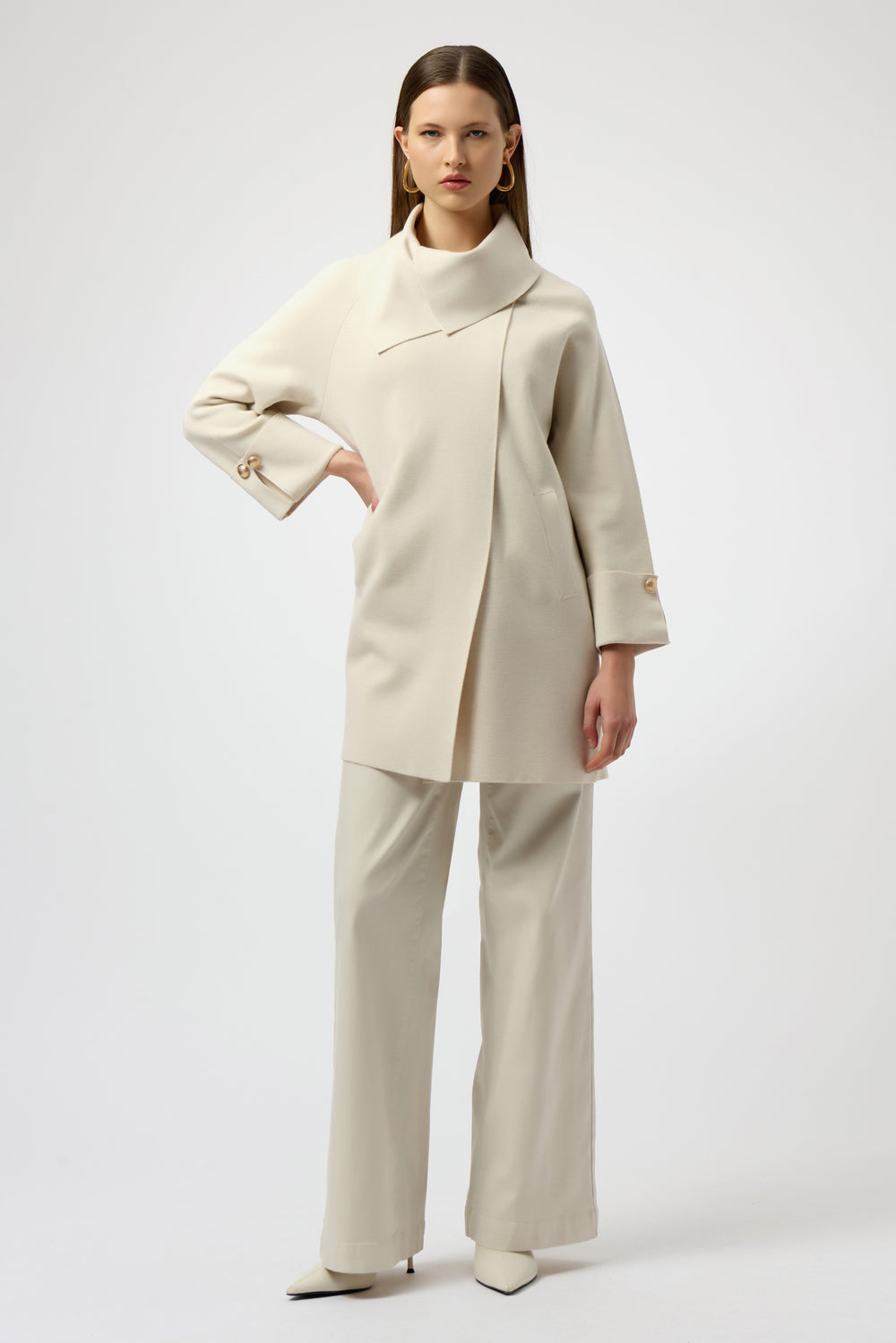 Joseph Ribkoff Sweater Knit Coat with Overlap Collar Style 254956 - Ivory Melange
