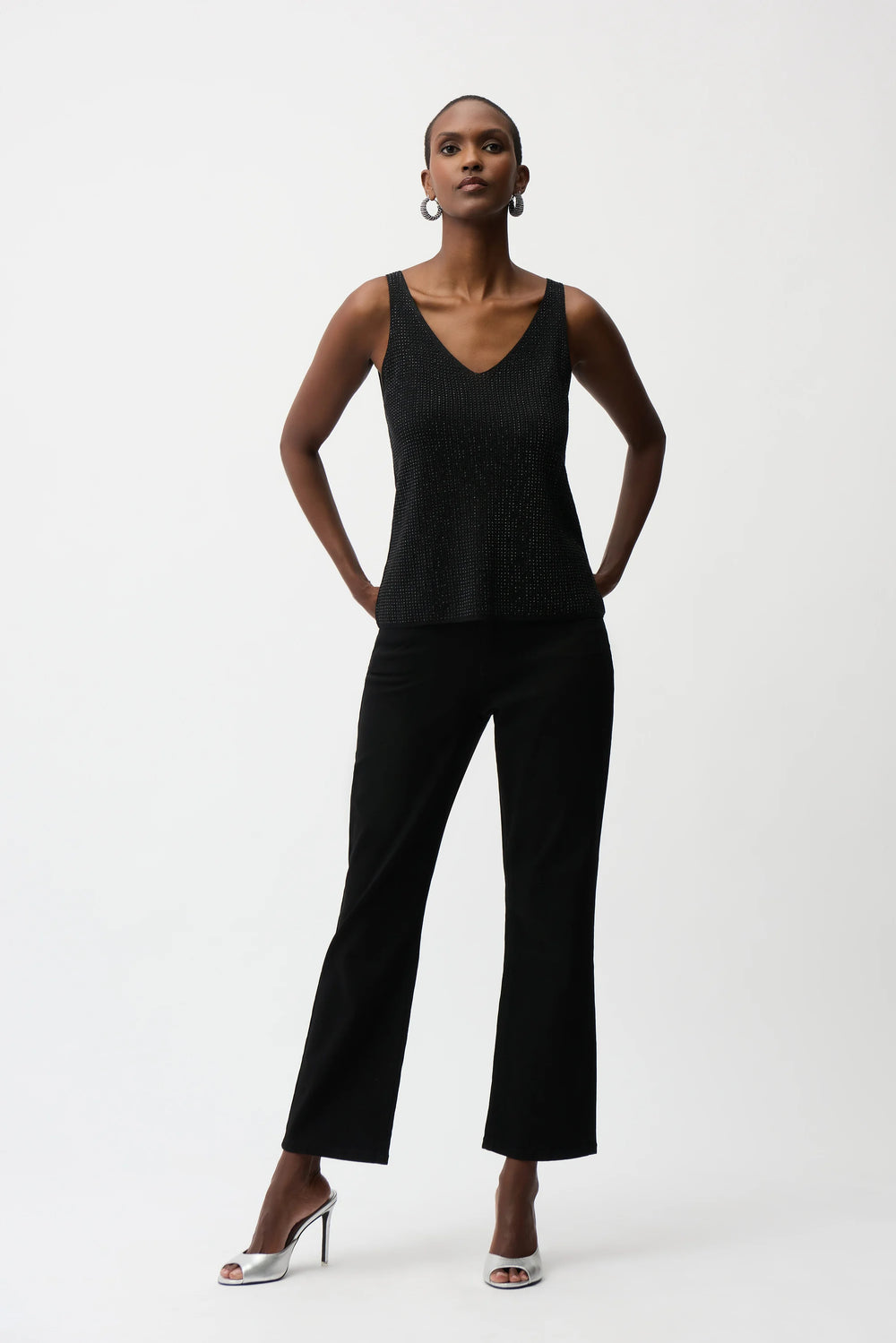 Joseph Ribkoff Metallic Knitted Camisole with Rhinestones Style 252915 - Black