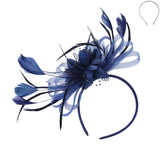 Floral Fascinator Headband w/ Side Loops & Feathers: Navy