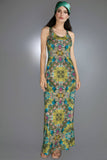 LAST ONES SZ L - NUVULA Luxury U-neck Soft Mustard Illustrations Garden Maxi Dress