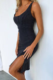 U-Neck Washed Slim Split Denim Dress DP25A530: Blue / XL