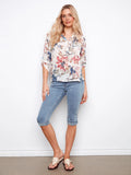 Charlie B. Printed Roll-Up Sleeve Cotton Gauze Top C4188DR - Watercolor Floral