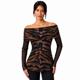 SAFARI Draped Neckline Off-Shoulder Long Sleeves  Print Top: L