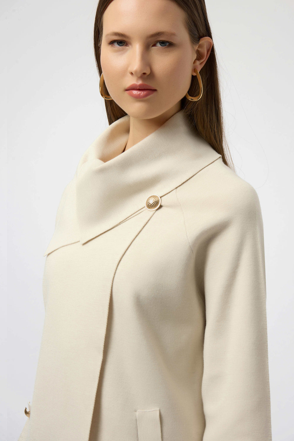 Joseph Ribkoff Sweater Knit Coat with Overlap Collar Style 254956 - Ivory Melange
