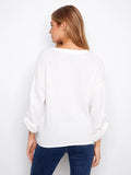 Charlie B. Long Roll Up Sleeve Split Neck Blouse with Front Knot Detail Style C4495RR - White
