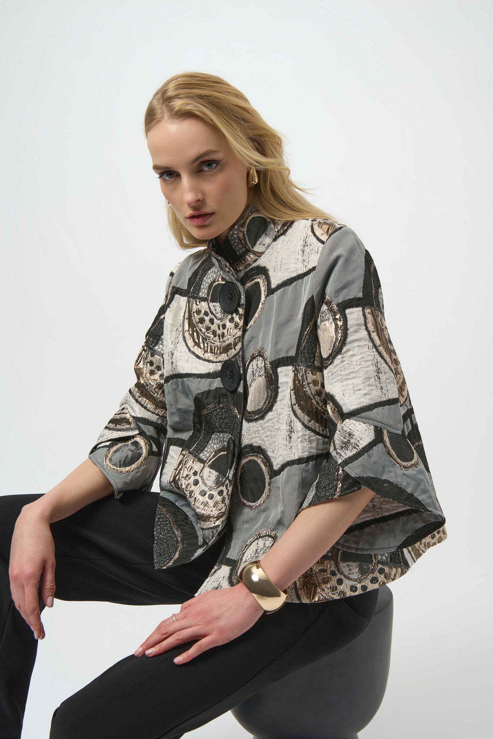Joseph Ribkoff Abstract Jacquard Trapeze Jacket Style 254003 - Black/Multi