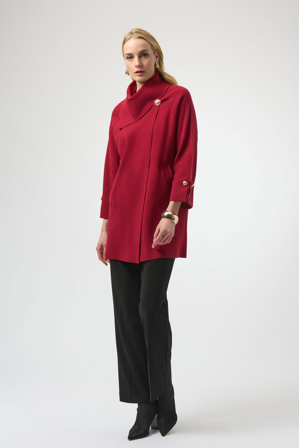 Joseph Ribkoff Sweater Knit Coat with Overlap Collar Style 254956 - Deep Cherry