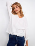 Charlie B. Long Roll Up Sleeve Split Neck Blouse with Front Knot Detail Style C4495RR - White