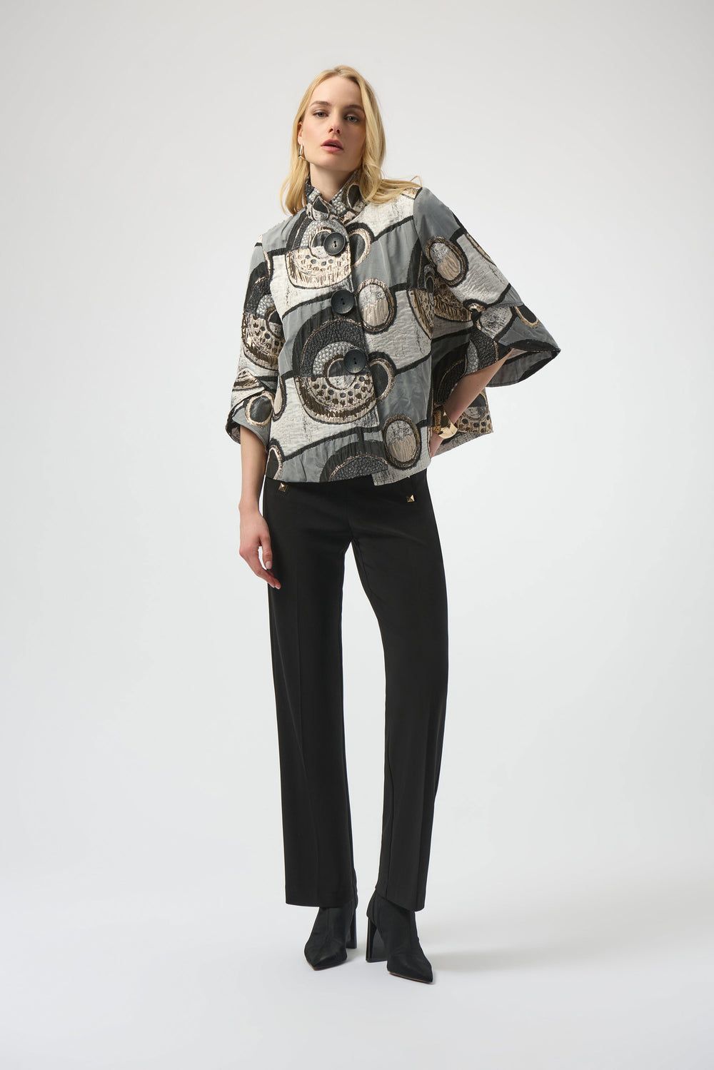 Joseph Ribkoff Abstract Jacquard Trapeze Jacket Style 254003 - Black/Multi