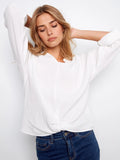 Charlie B. Long Roll Up Sleeve Split Neck Blouse with Front Knot Detail Style C4495RR - White