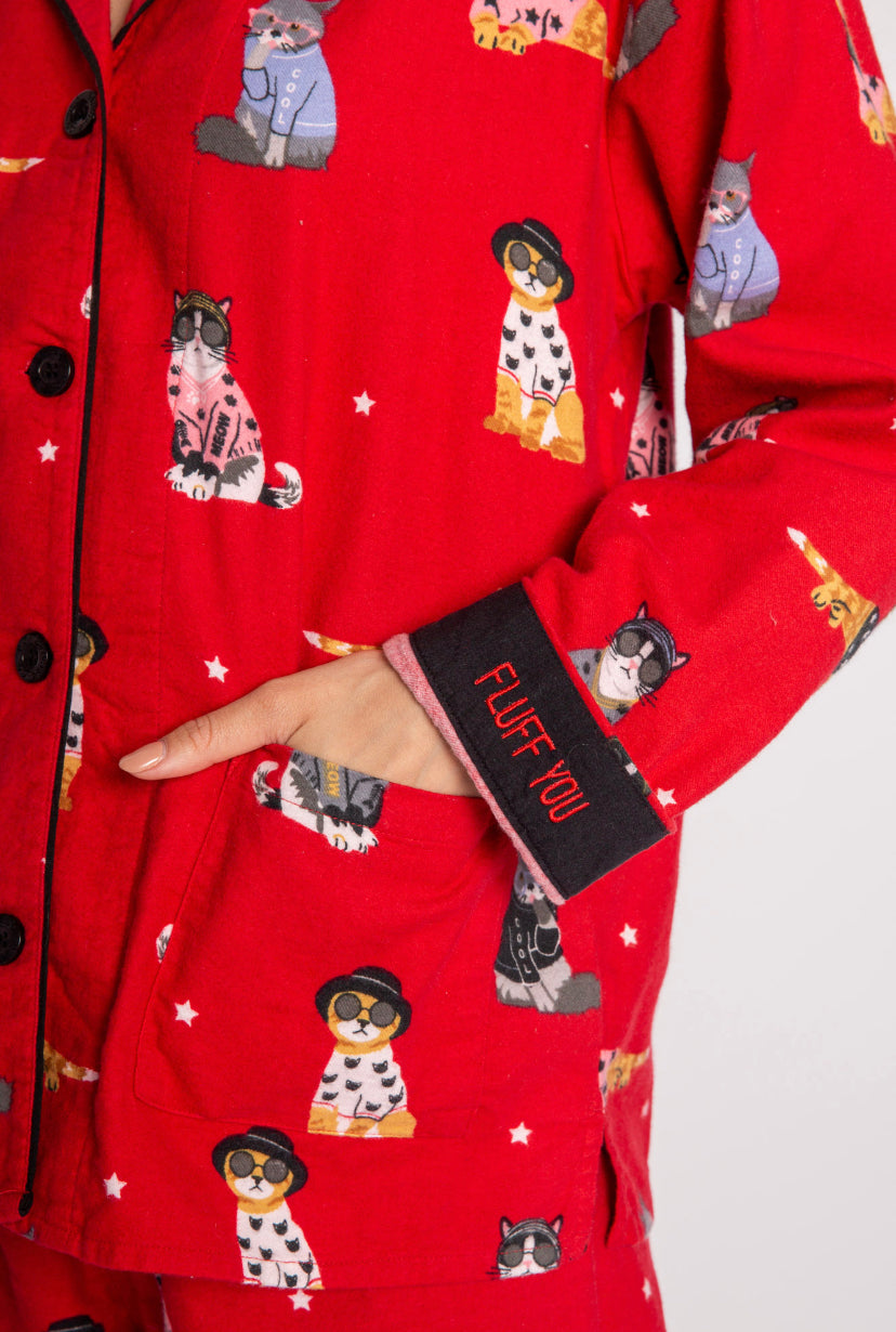 LAST ONE SZ XL - PJ Salvage 100% Cotton Flannel Fluff You Cat PJ Set Style RKFLPJ - Red