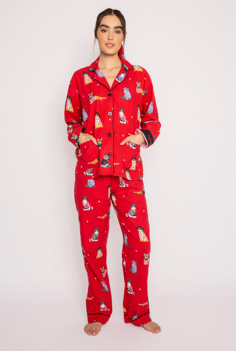 LAST ONE SZ XL - PJ Salvage 100% Cotton Flannel Fluff You Cat PJ Set Style RKFLPJ - Red