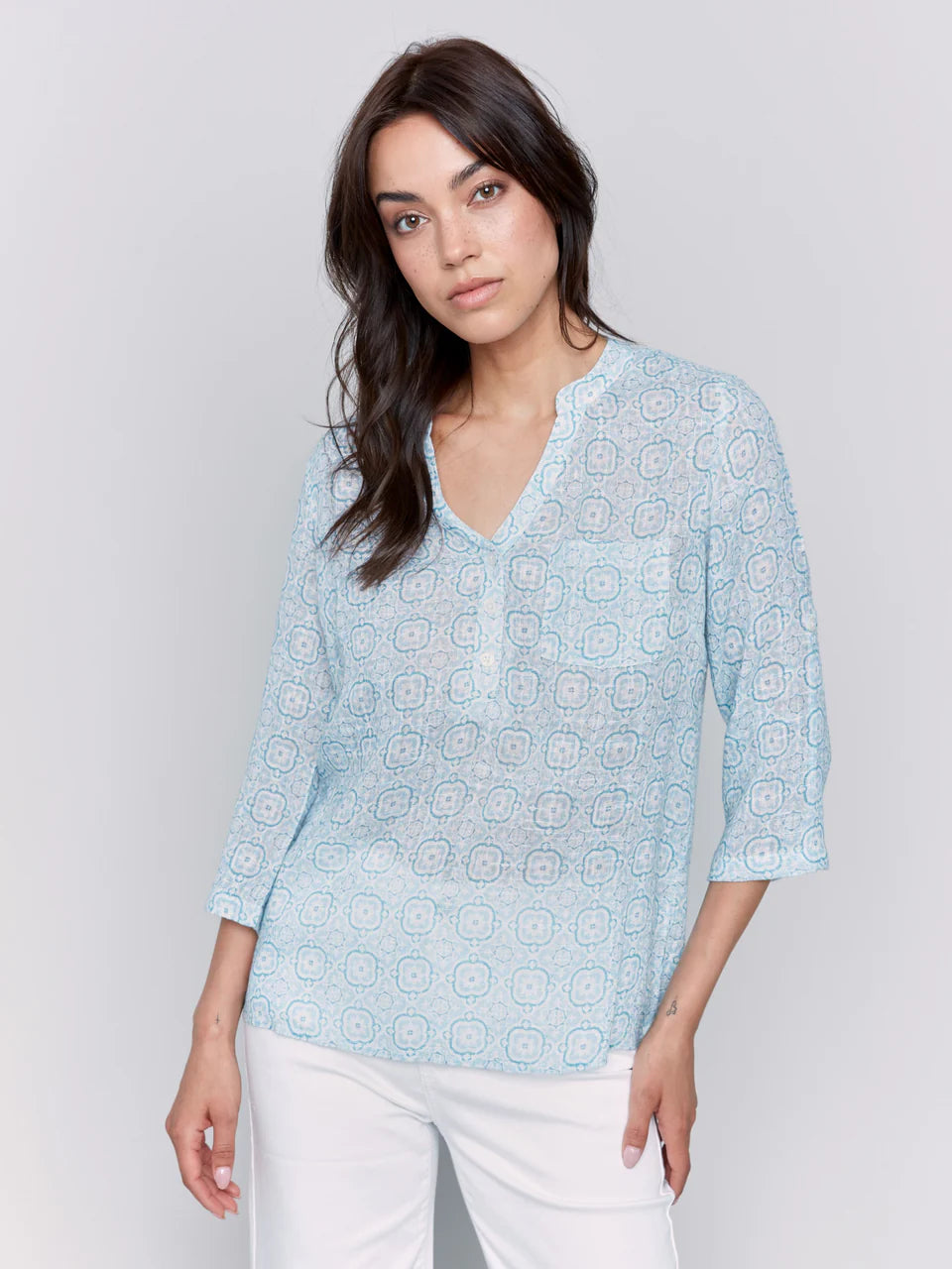 Charlie B. Printed Cotton Gauze Half-Button Blouse Style C4188A - Tiles
