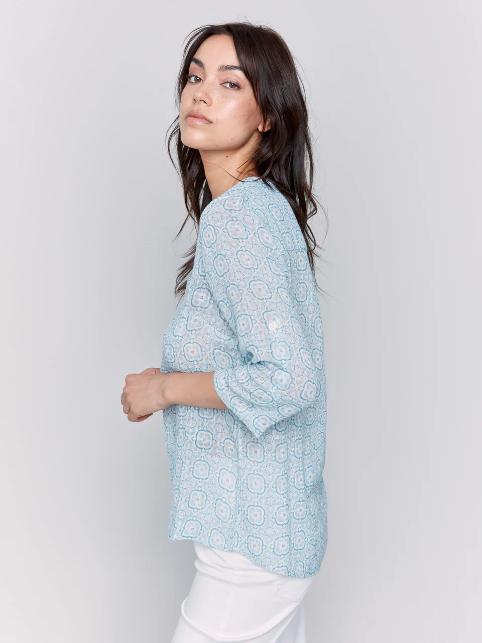 Charlie B. Printed Cotton Gauze Half-Button Blouse Style C4188A - Tiles