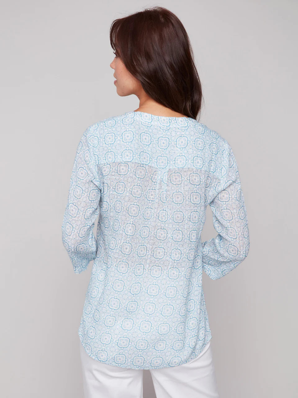 Charlie B. Printed Cotton Gauze Half-Button Blouse Style C4188A - Tiles