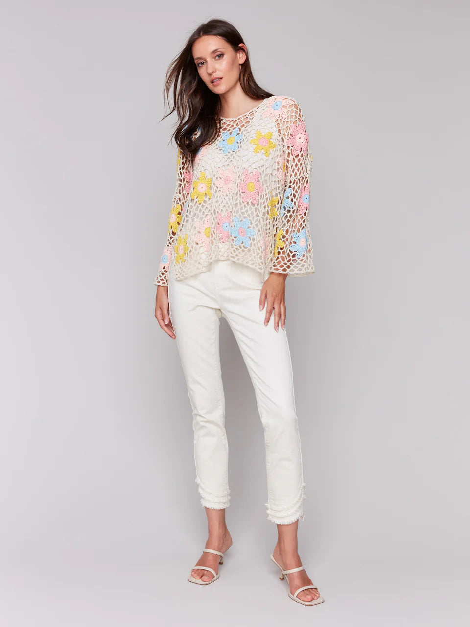 LAST ONE SZ S - Charlie B. Handcrafted Floral Crochet Top Style C2808 - Natural