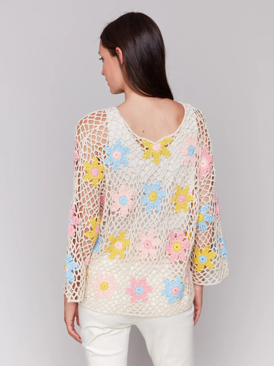 LAST ONE SZ S - Charlie B. Handcrafted Floral Crochet Top Style C2808 - Natural