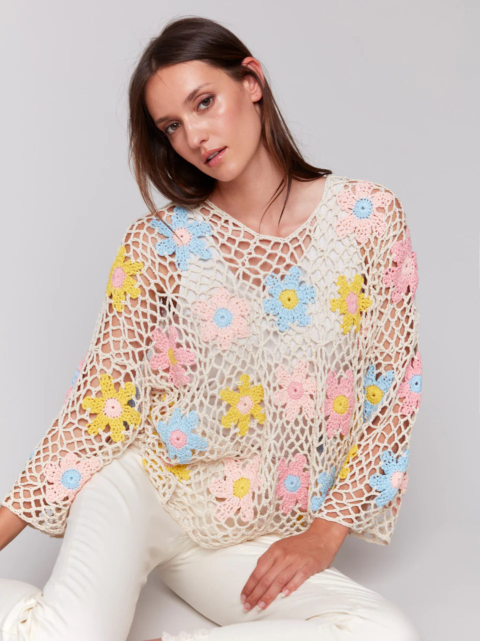 LAST ONE SZ S - Charlie B. Handcrafted Floral Crochet Top Style C2808 - Natural