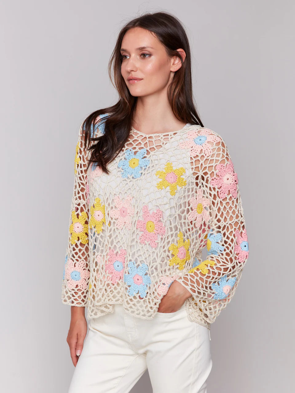 LAST ONE SZ S - Charlie B. Handcrafted Floral Crochet Top Style C2808 - Natural