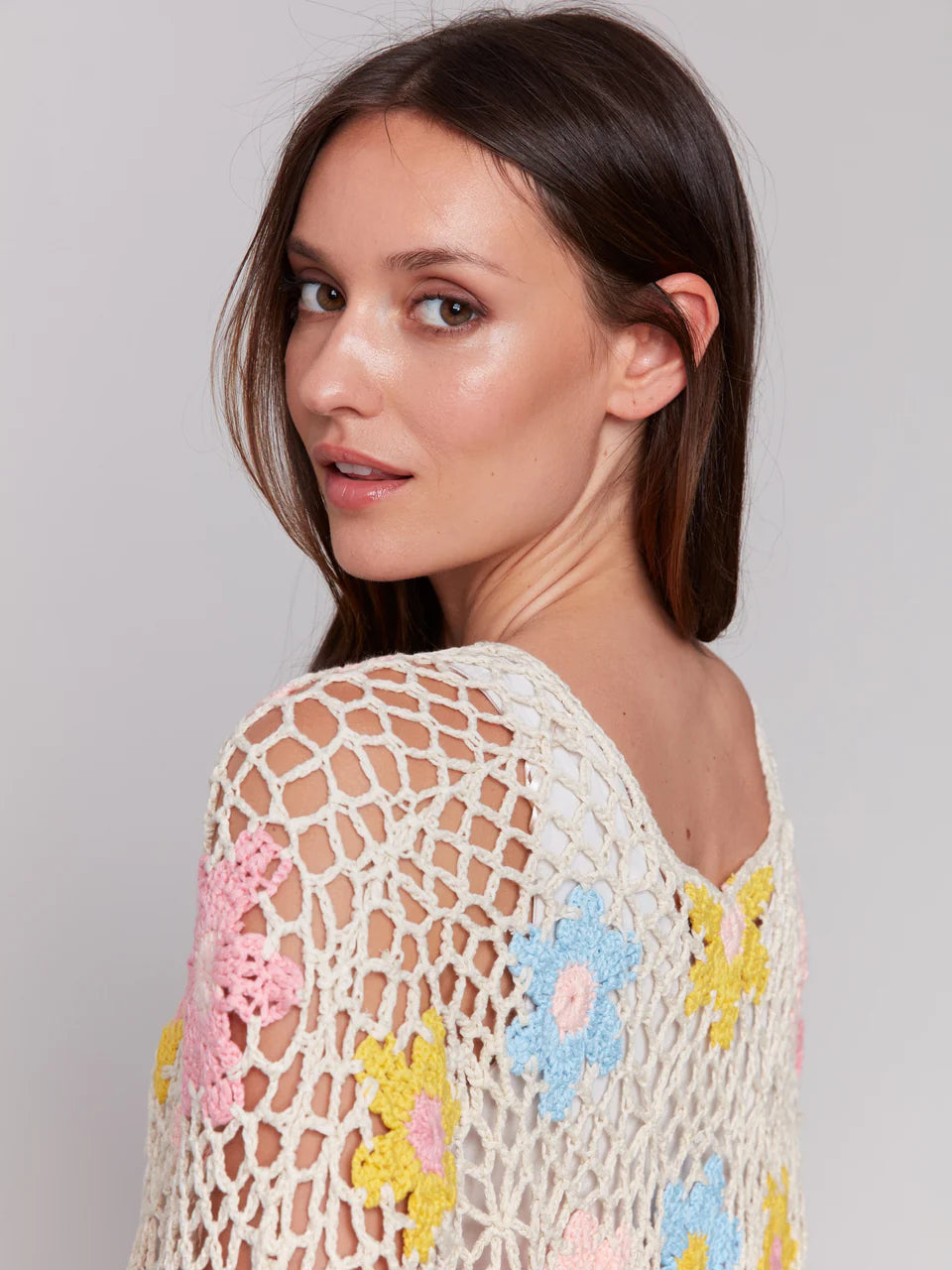 LAST ONE SZ S - Charlie B. Handcrafted Floral Crochet Top Style C2808 - Natural