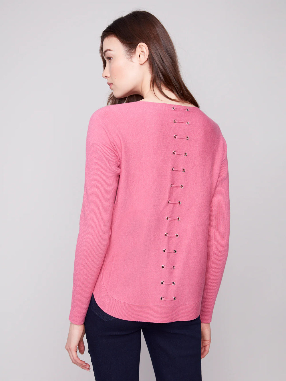 Charlie B. Lace Up Back Detail Lightweight Sweater Style C2170Z - Heather Rose