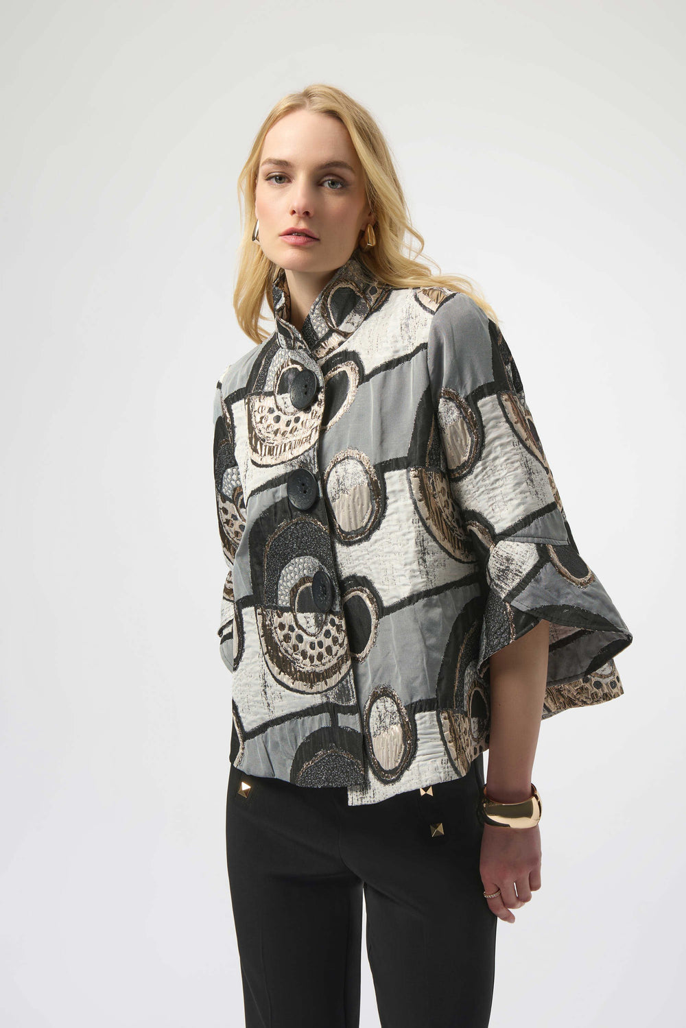 Joseph Ribkoff Abstract Jacquard Trapeze Jacket Style 254003 - Black/Multi