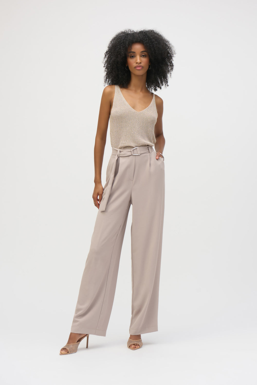 Joseph Ribkoff Metallic Knitted Camisole with Rhinestones Style 252915 - Champagne